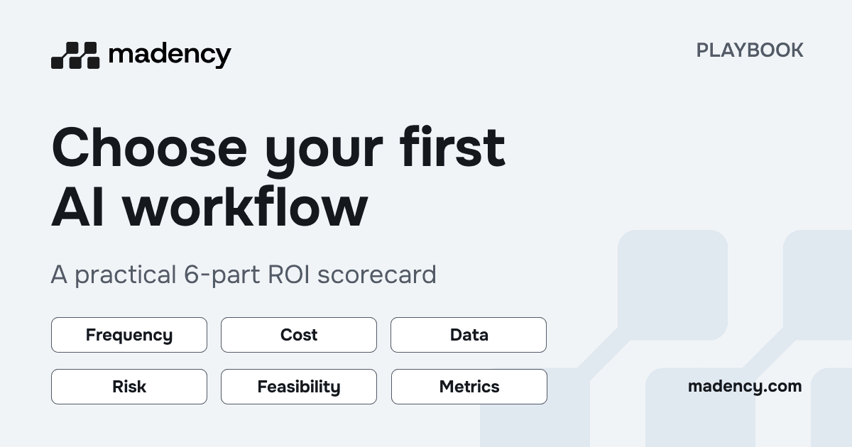 A six-part scorecard for choosing the first AI workflow by frequency, cost, data, risk, feasibility, and measurability.